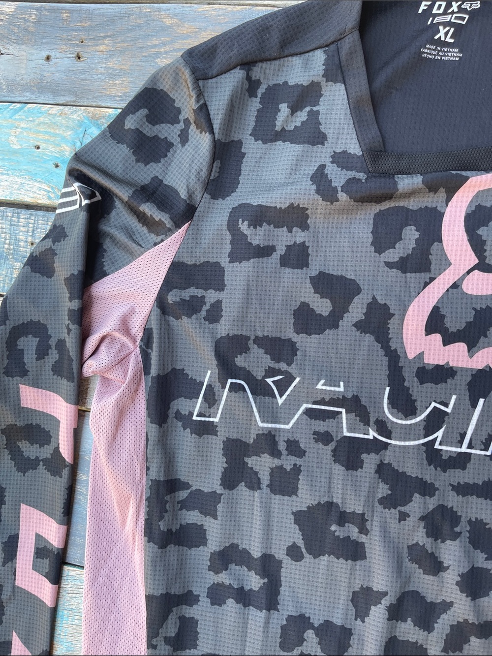Fox 180 Skew Jersey Women’s Long-Sleeve Racing Jersey - Black & Pink Leopard - Picture 4 of 10